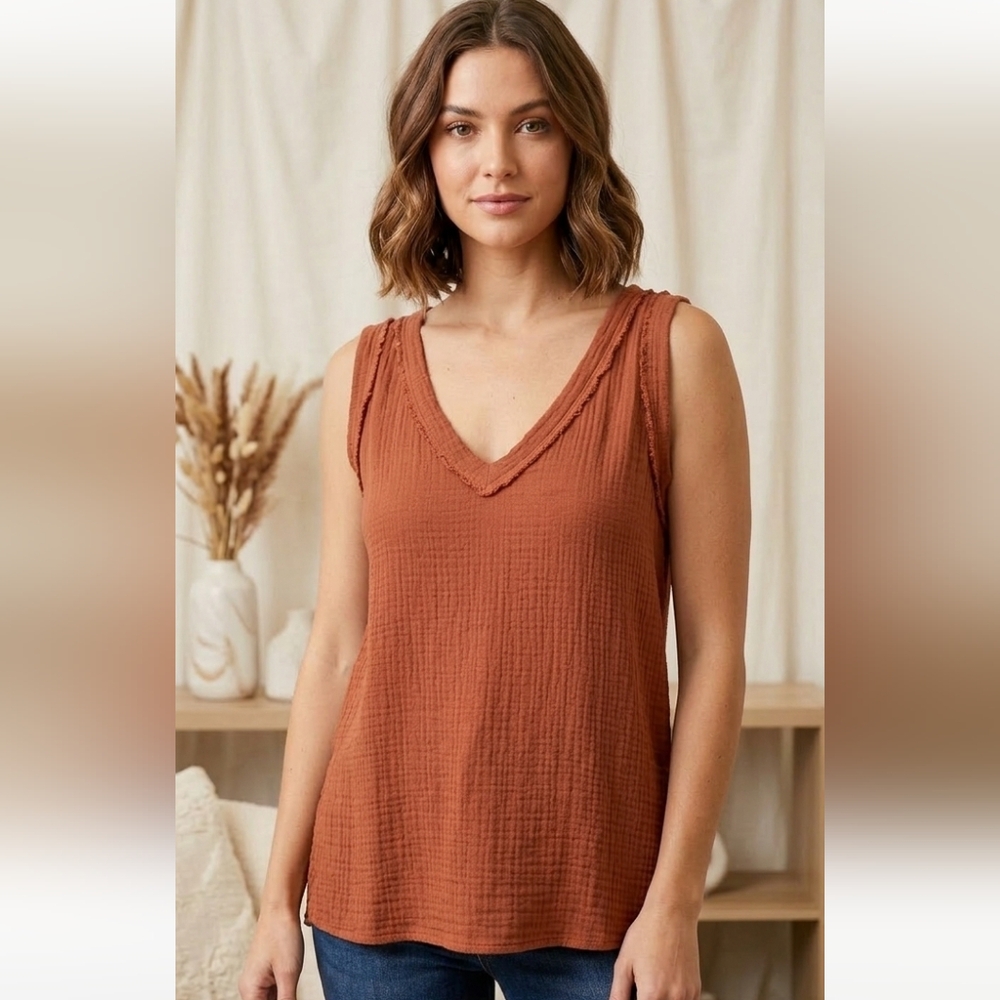 Amei + Co Terracotta Rust 100% Cotton V-Neck Gauze Tank Top Boutique Brown